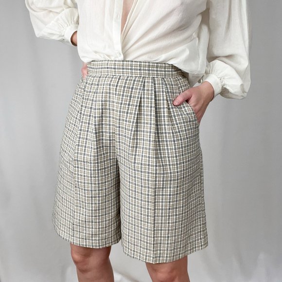 Vintage Pants - Vintage High Rise Plaid Woven Knit Pleated Relaxed Fit Straight Leg Long Shorts
